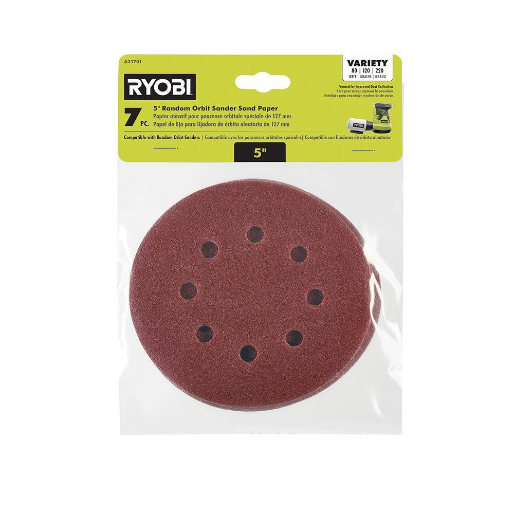 RYOBI 7-Piece 5 in. Random Orbit Sand Paper Assortment Set - 80 120 and 220 Grit A21701