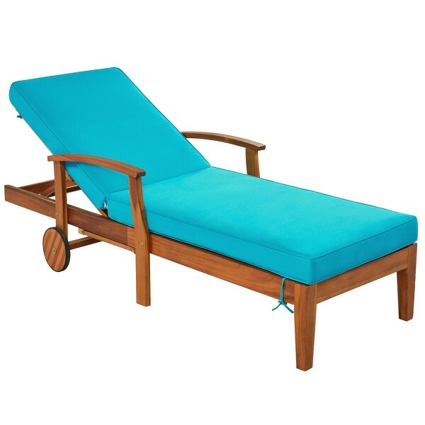 2 Piece Outdoor Solid Wood Chaise Lounge with Cushion， Wheels and Sliding Cup Table