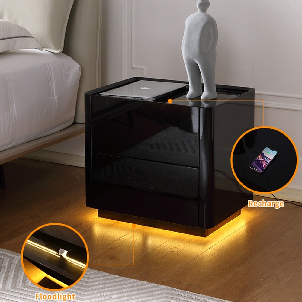 2 Drawer Modern Nightstand with Sensor Light  Wood Storage Bedside Table