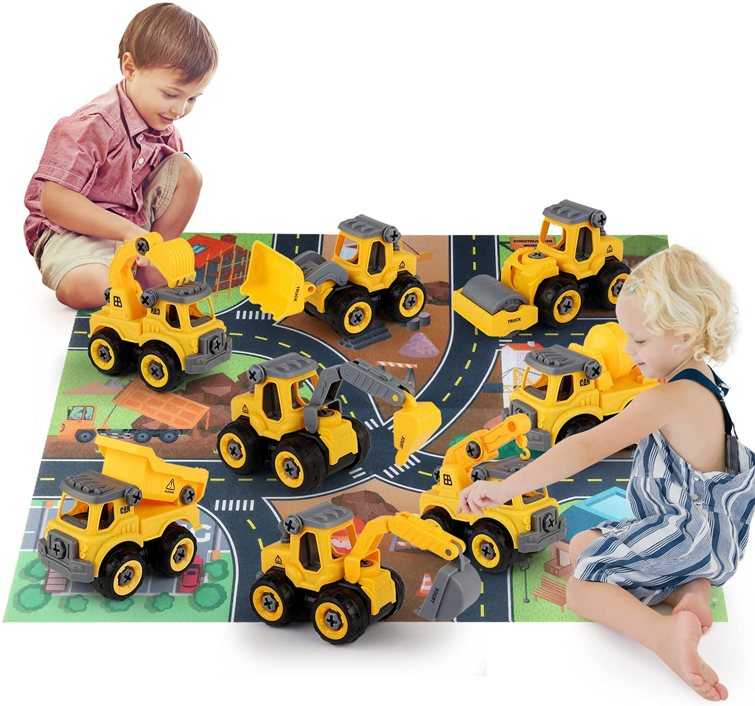 Toys for Boys 3-6 Years Take Apart Construction Trucks 8 Cars Toys with Electric Drill and Map Kids STEM Building Toys