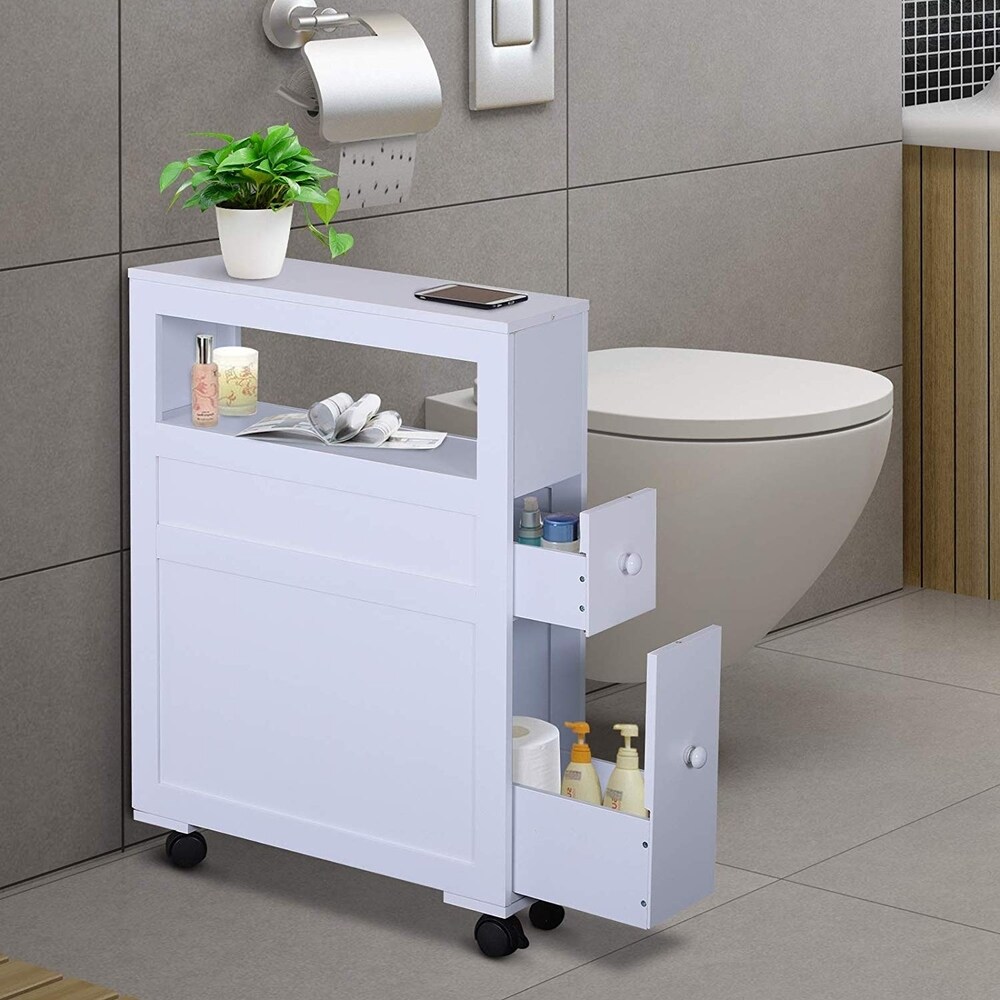 Wood Rolling Narrow Bathroom Side Storage Cabinet