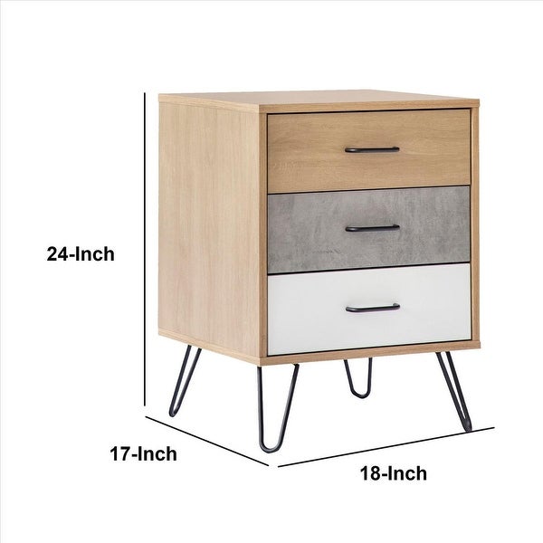 Side Table with 3 Drawers and Metal Hairpin Legs - 23.62 H x 17.56 W x 16.65 L Inches