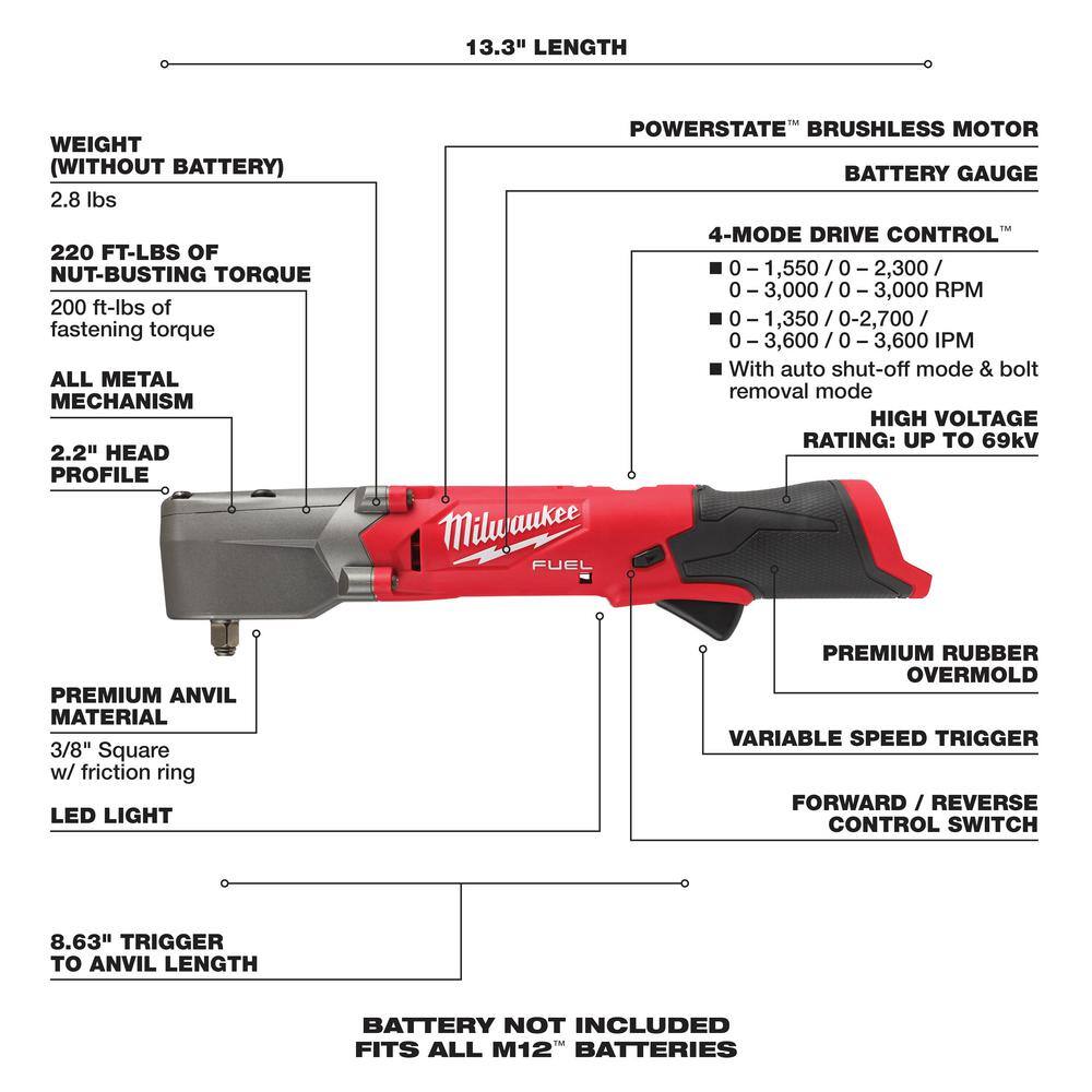 MW M12 FUEL 12V Li-Ion Brushless Cordless Stubby 38 in. Impact Wrench wRight Angle Impact Wrench  High Speed Ratchet 2554-20-2564-20-2567-20