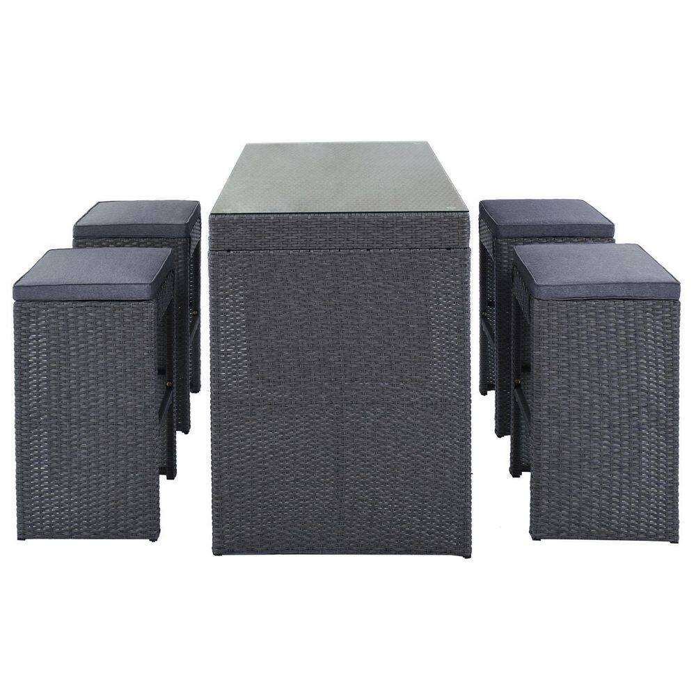 Tunearary 5-Piece Gray Wicker Patio Bar Furniture Set Outdoor Dining Table Set 4 Stools with Gray Cushion SH000238AAEHZP