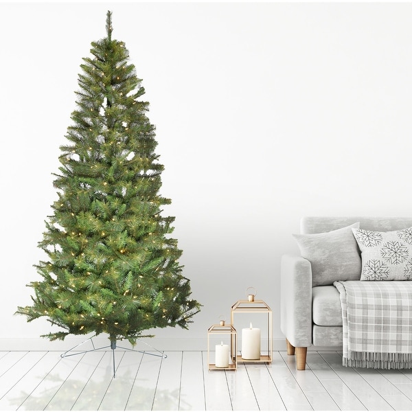 Fraser Hill Farm 7.5Ft. PreLit Half Wall Green Christmas Tree，Warm White LED Lights