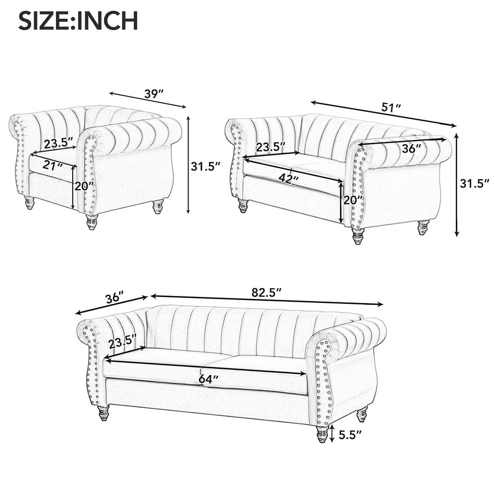 Blue Frosted Velvet Tufted Chesterfield Sofa Set  3 Seater + Loveseat + Single Sofa