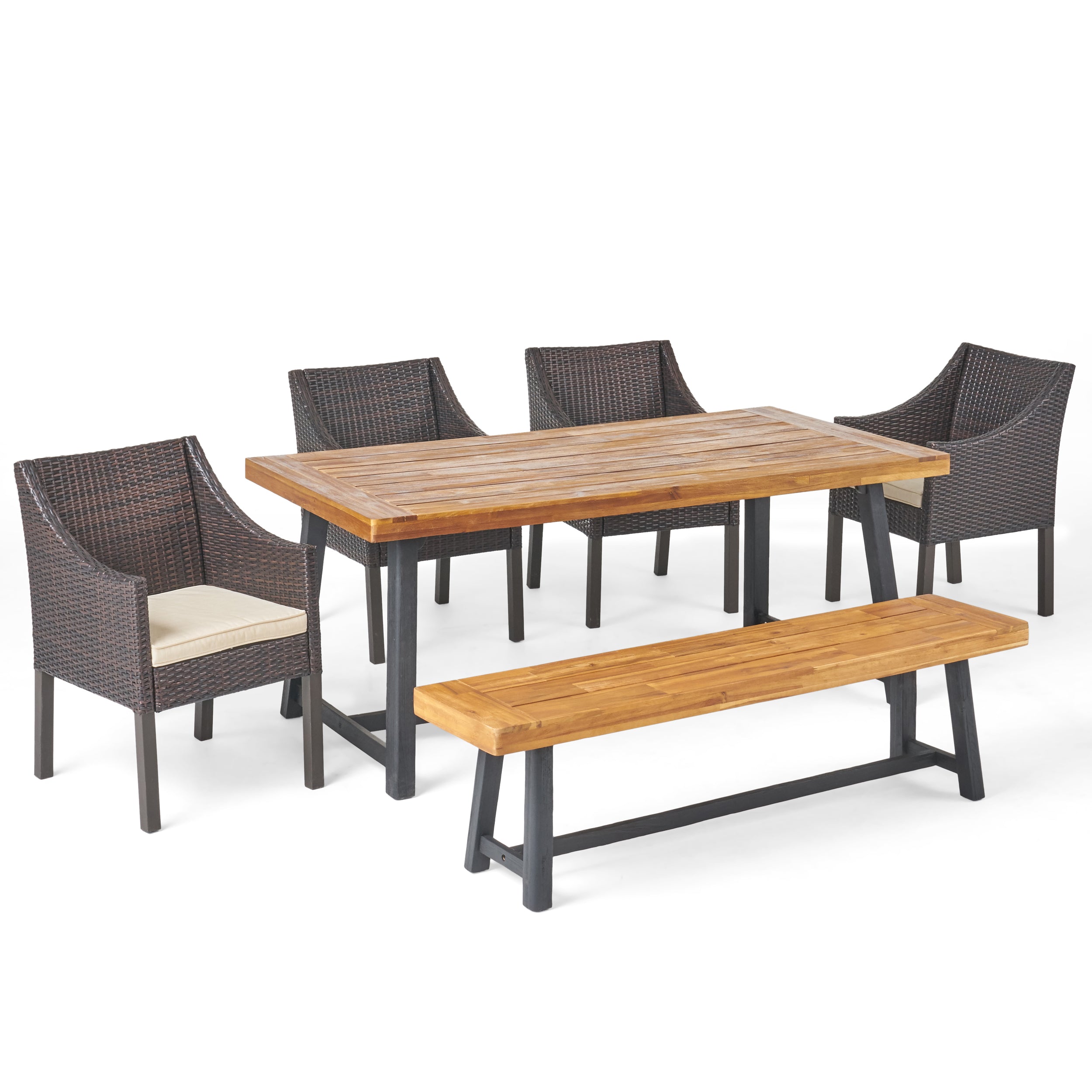 Kane Outdoor 6 Piece Dining Set with Wicker Chairs and Bench, Sandblast Teak and Multi Brown and Beige