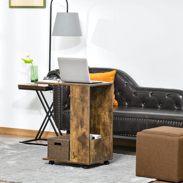 HOMCOM C-Shaped Sofa Side Table Mobile End Table with Storage and Wheels for Living Room， Bedroom， Office