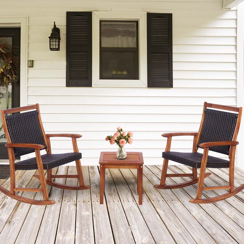 3 Pcs Acacia Wood Patio Rocking Chair Set with Side Table, Rattan Wicker Outdoor Rocking Bistro Set