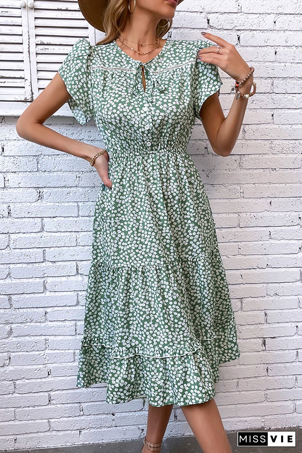 Green Flower Print Elastic Wasit Splicing Dress