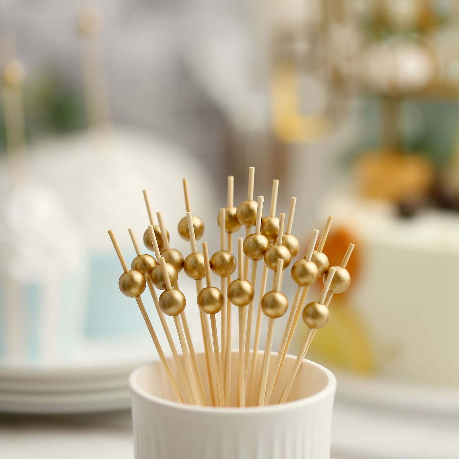 100 Pack Gold Pearl Bamboo Skewers Cocktail Picks, Stir Sticks, Eco Friendly 4.5