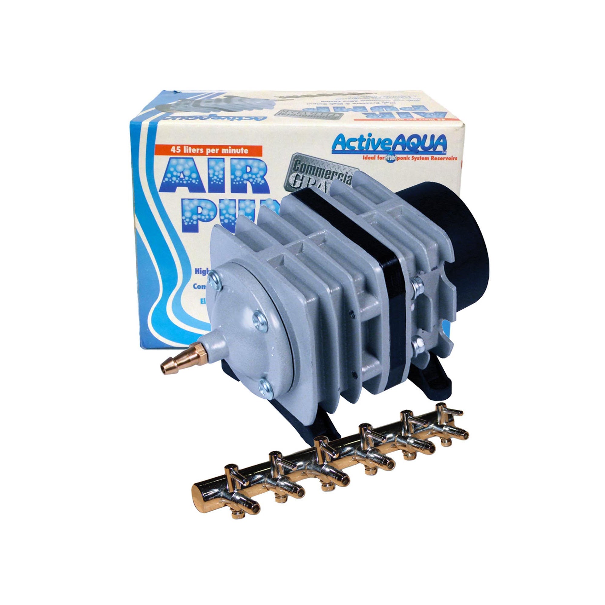 Hydrofarm Active Aqua AAPA45L Commercial Electrical Air Pump 45 L/min， 20W， 700 GPH with 6 Outlets