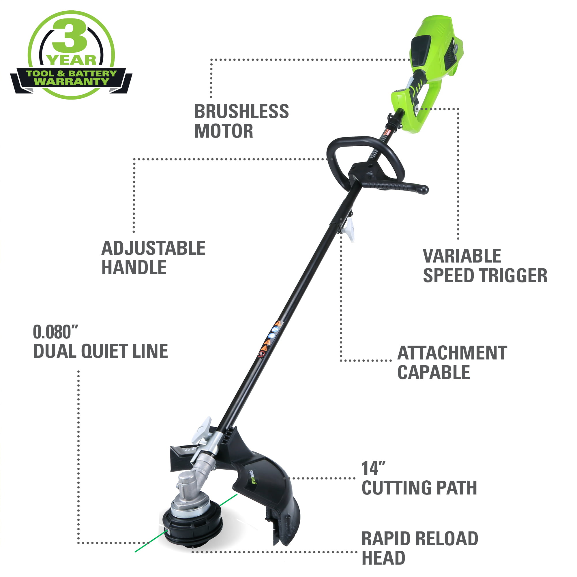 Greenworks 40 Volt 14 inch Attachment Capable String Trimmer with 2.0 Ah Battery and Charger， 2100702