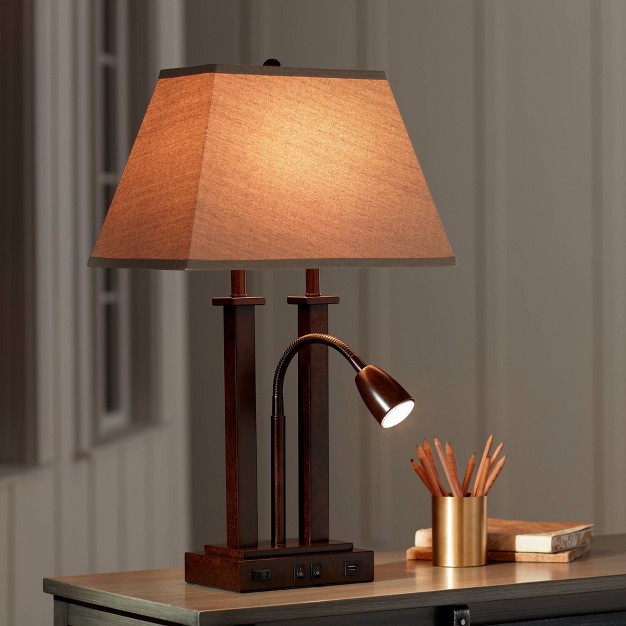 High Bronze With Usb And Ac Power Outlet In Base Led Reading Light Oatmeal Shade For Office Desk