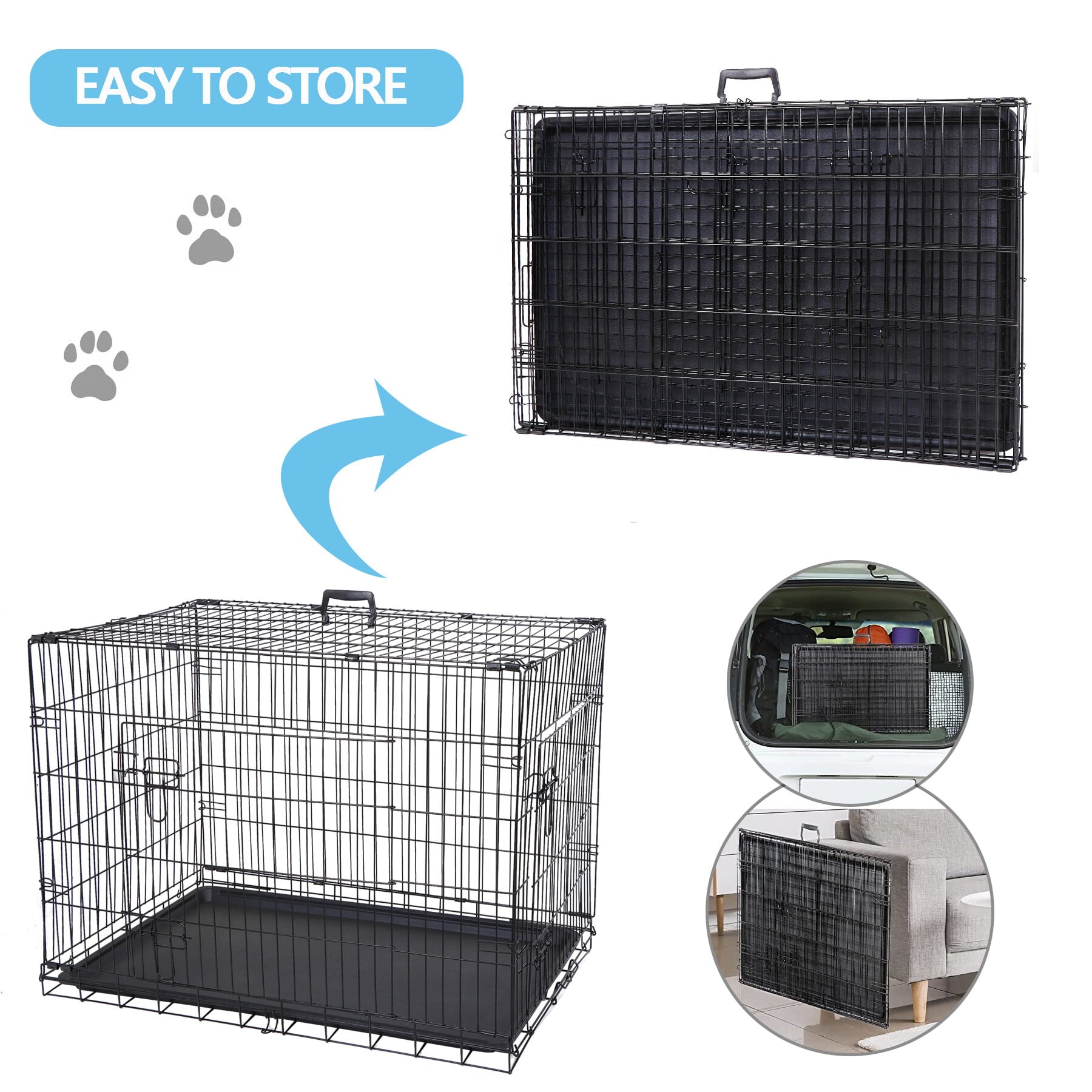 HomGarden 30/36/42’’ Foldable Dog Crate Kennel Double Door Steel Dog Cage， Black