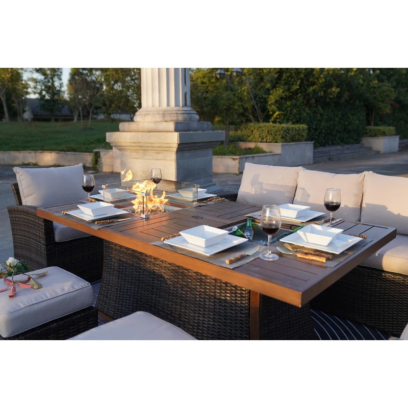 Pralia Outdoor Rectangular Fire pit Dining Table With Wind Guard and Ice Bucket   Tropical   Outdoor Dining Tables   by Abrihome  Houzz