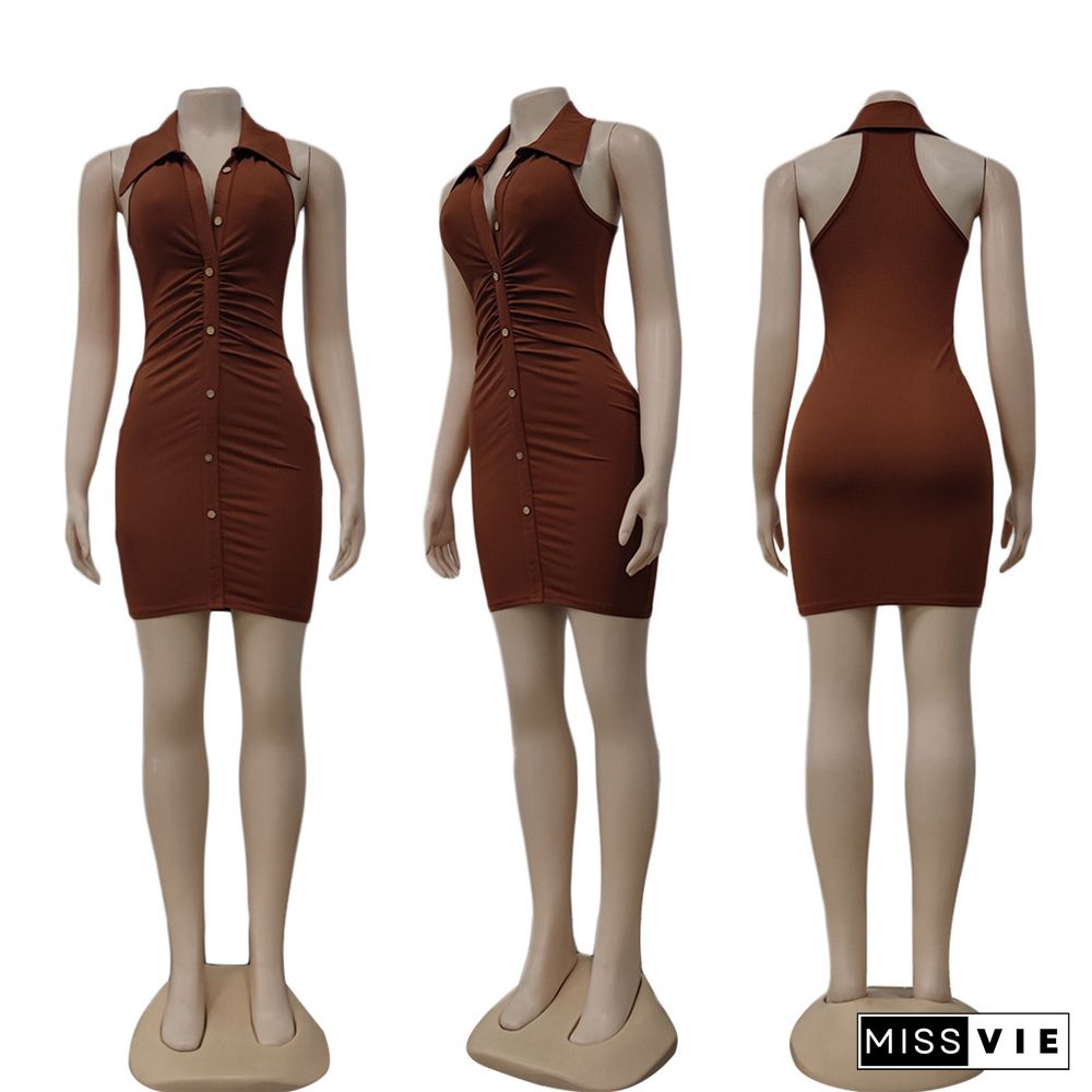 Sleeveless Turn-down Collar Buttons Bodycon Dresses