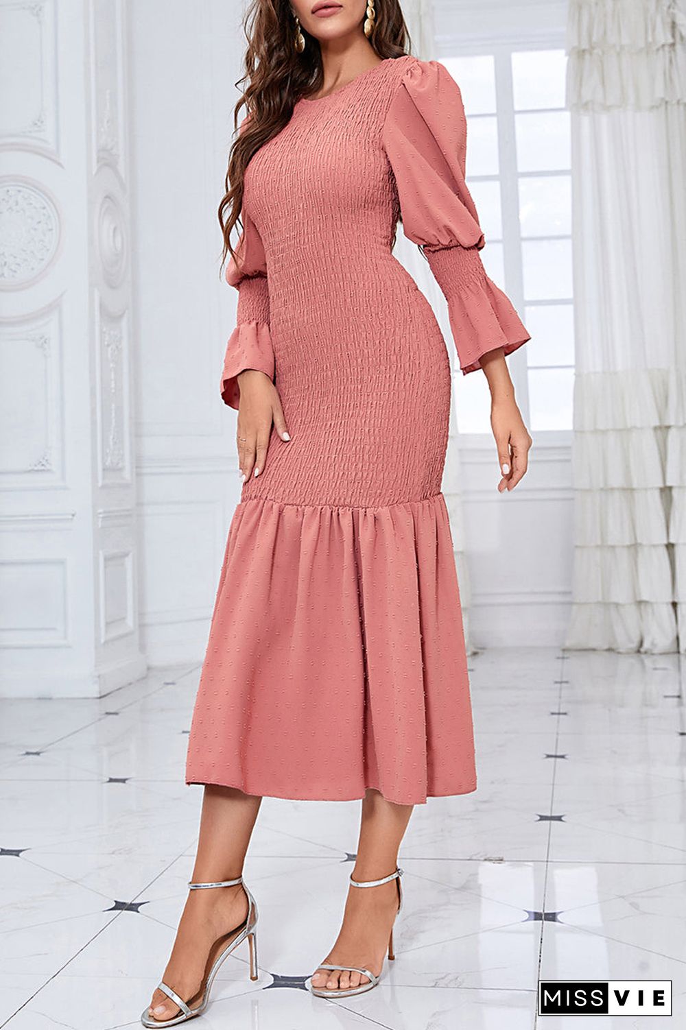 Elegant Solid Fold O Neck Wrapped Skirt Dresses