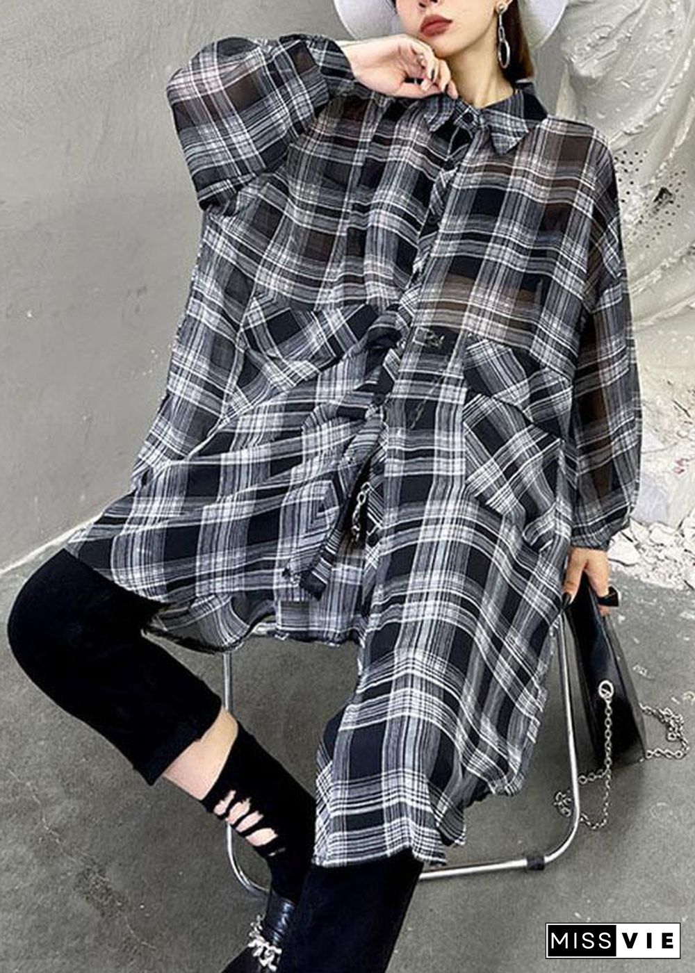 Women Black Plaid Summer Asymmetrical Long sleeve Chiffon shirt