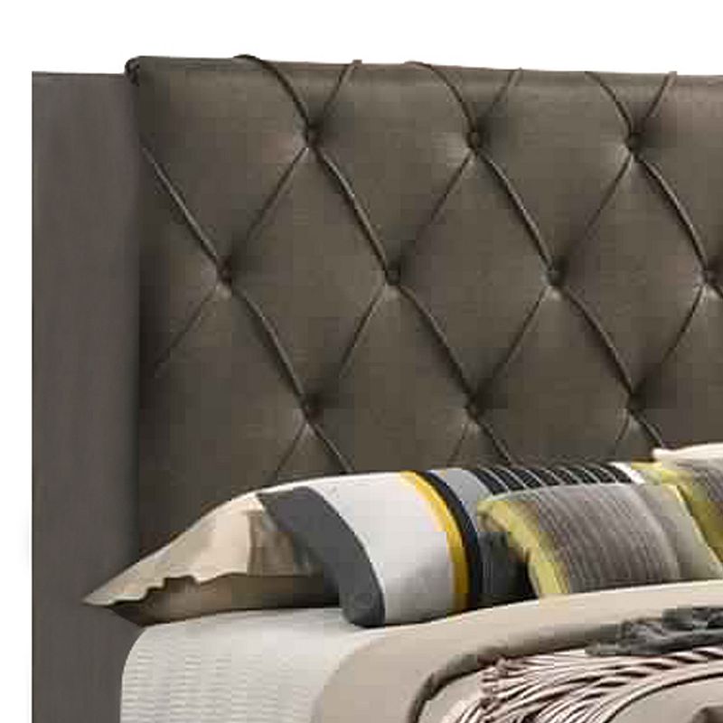 Wooden Queen Bed with Button Tufted Fabric Headboard， Gray and Brown