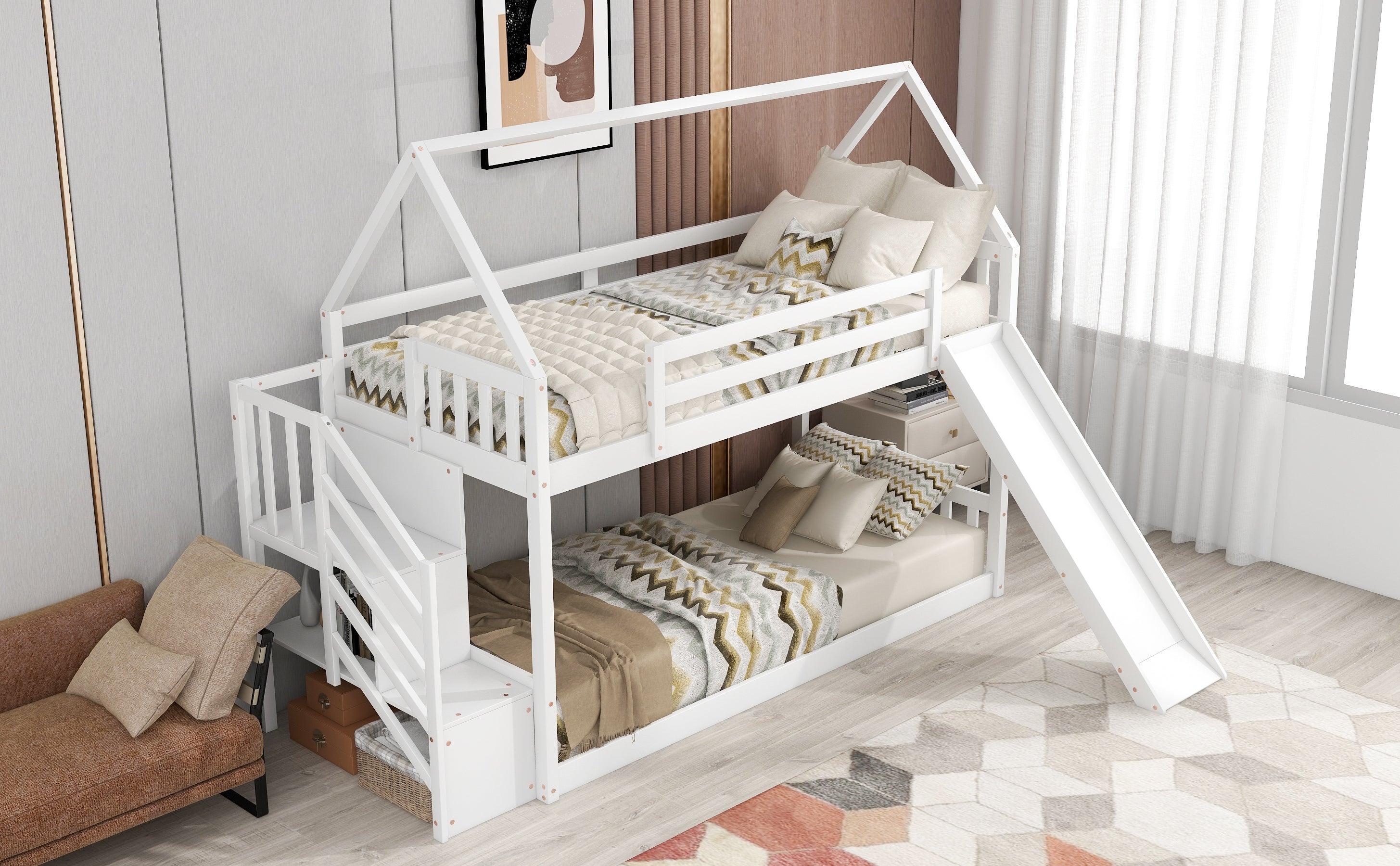 EUROCO Twin over Twin House Bunk Bed with Staircase for Kids Bedroom, White