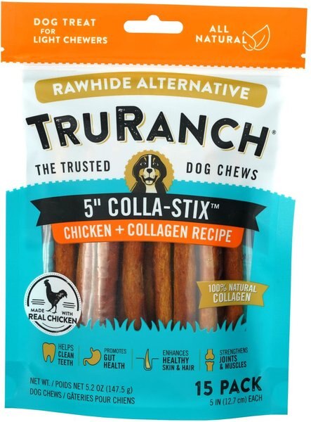 TruRanch Chicken Collagen Sticks Hard Chew Dog Treats， 5-in， 15 count