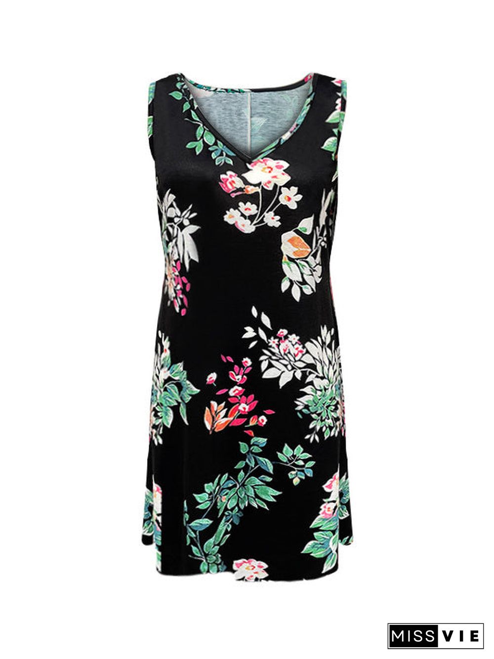 Women Sleeveless V-neck Floral Printed Midi Dress