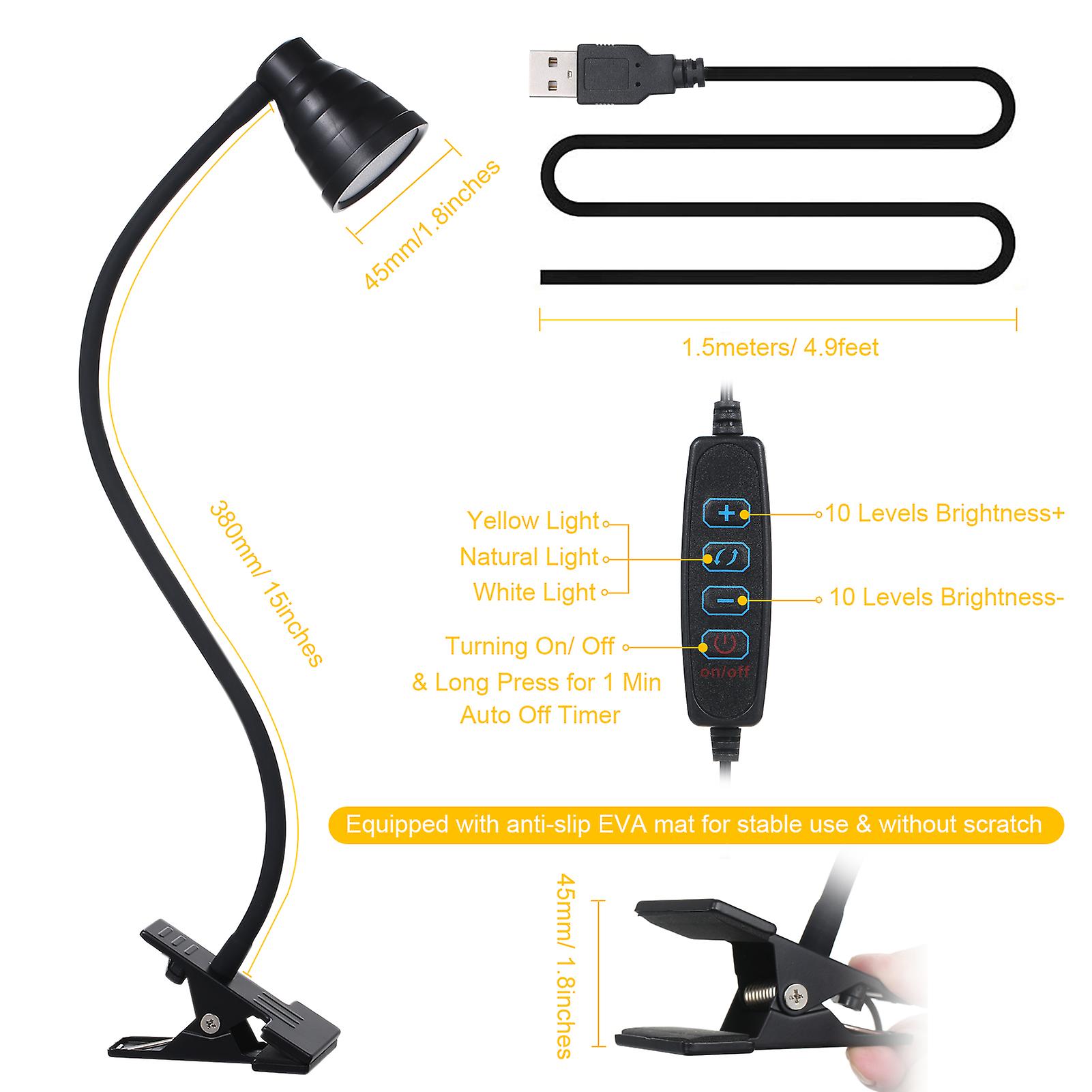 5w 24leds Table Desk Lamp Reading Beside Light Clamp Clip Lighting Fixture Usb Powered Operated 3 Colors Mode Temperature Changing/ 10 Levels Dimmer D