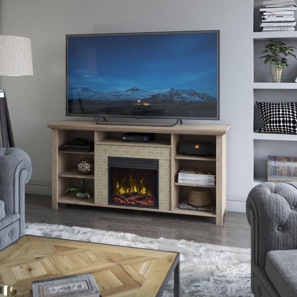 Twin Star Home 65 in. Freestanding Wooden Electric Fireplace TV Stand in Natural Oak 18MM1791-PO117S