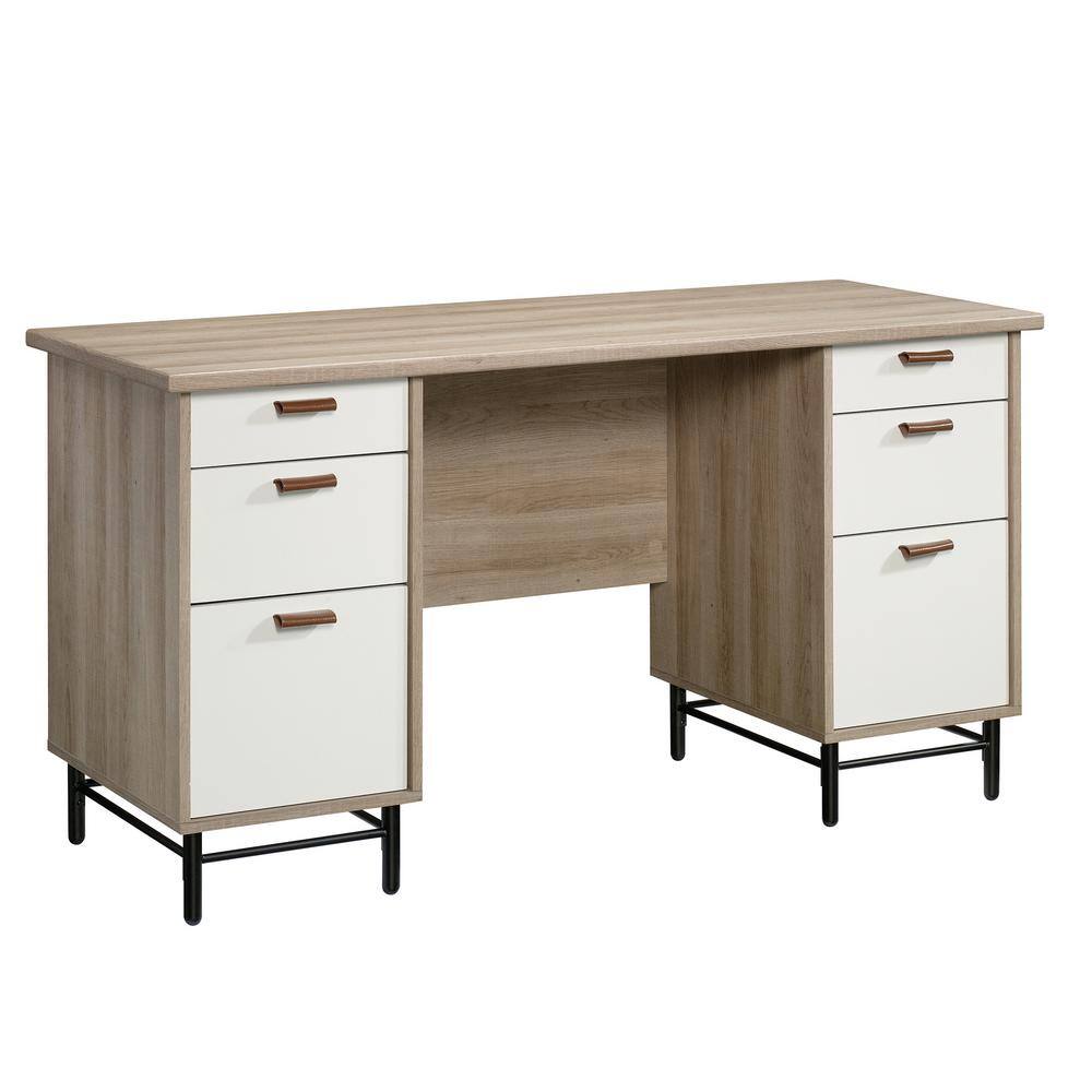 SAUDER 57 in. Rectangular Sky Oak 6 Drawer Executive Desk with File Storage 423235