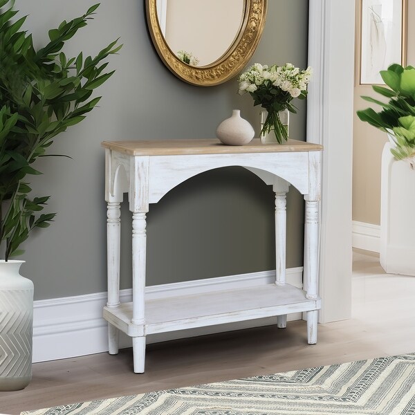 Farmhouse White and Natural Wood Rectangular Console Table， Open Shelf Storage - 32.25