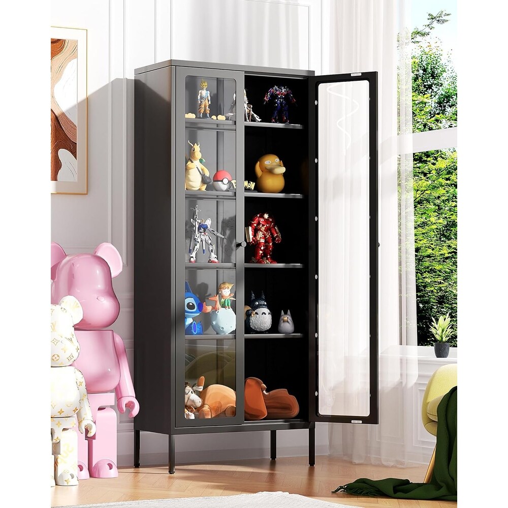 67 inch Display Cabinet Bookcase with Glass Doors and 4 Adjustable Shelves