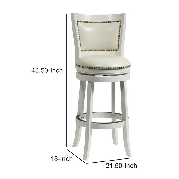 Nailhead Trim Round Leatherette Barstool with Flared Legs， White - 43.5 H x 18 W x 21.5 L Inches