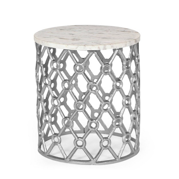 Lenhart Modern Glam Handcrafted Marble Top Aluminum Side Table Nickel white Christopher Knight Home