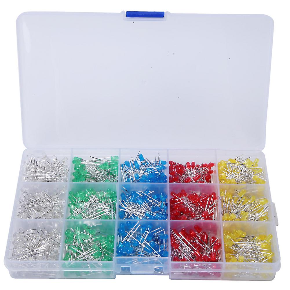 1000Pcs Assorted Color Red/Yellow/Blue/Green/White 3mm LED Light Emitting Diode Kit Box