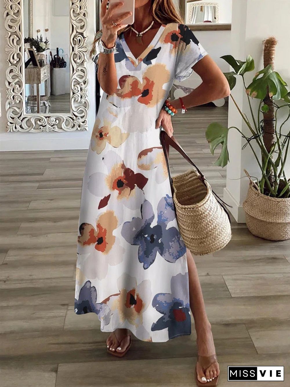 Women'S Dresses Floral Print V-Neck Short Sleeve Slit Dress