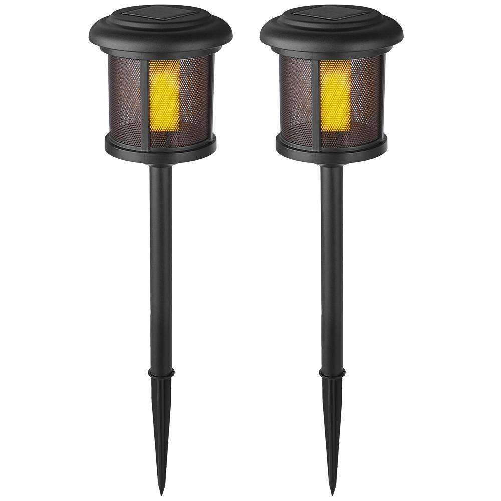 Hampton Bay Ambrose Solar 6 Lumens Black Outdoor Integrated LED Flicker Flame Path Light (2-Pack) WeatherWaterRust Resistant 91999