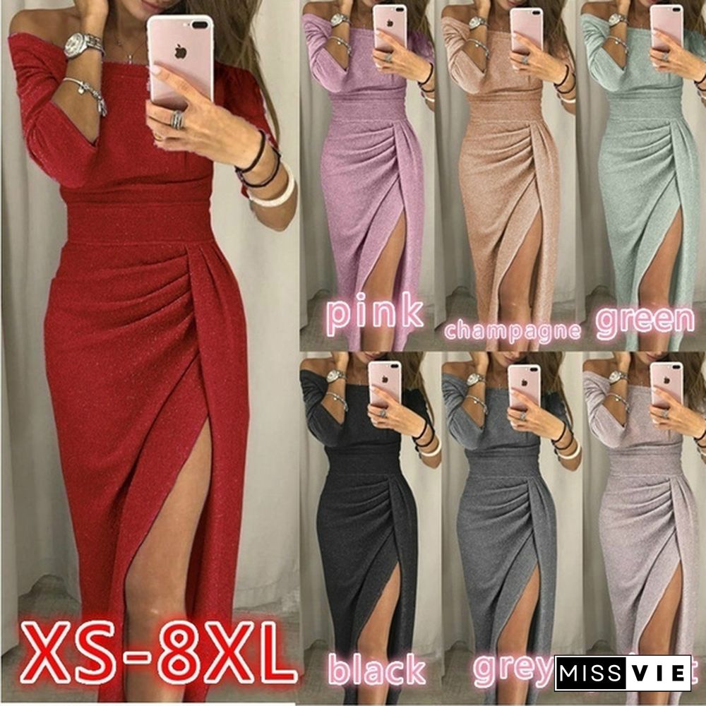 Women Off Shoulder Party Dresses High Slit Bodycon Dress Long Sleeve Fashion Prom Dress Skirt Plus Size Xs-8Xl