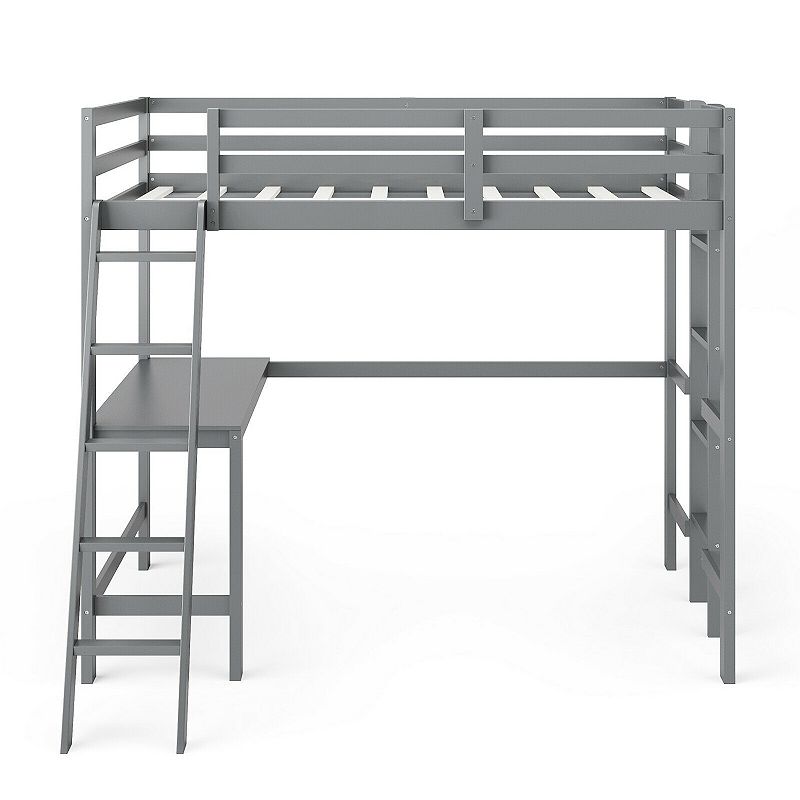 Twin Size Loft Bed Frame with Desk Angled and Built-in Ladder