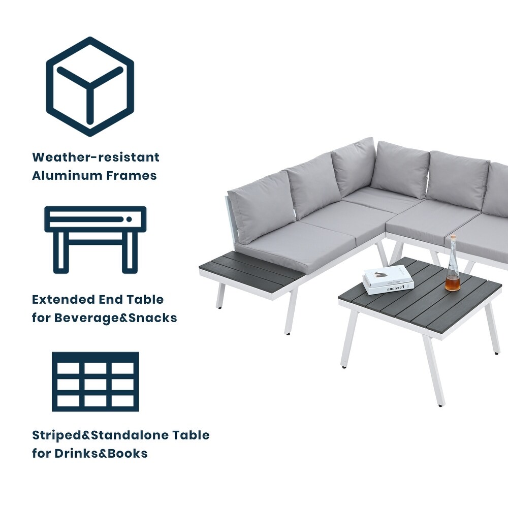 5 Piece Aluminum Outdoor Patio Furniture Set  Modern Garden Sectional Sofa Set with End Coffee Table  for Backyard  Grey