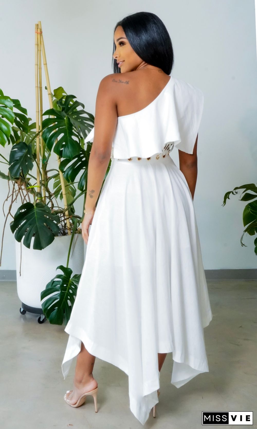 Feeling Free One Shoulder Asymmetrical Dress Irregular White Midi Dresses