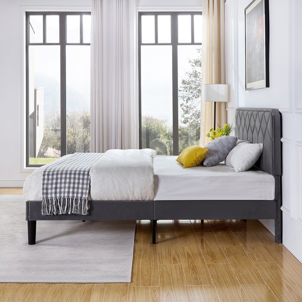 Upholstered Platform Bed Frame with Modern Adjustable Headboard  No Box Spring Needed