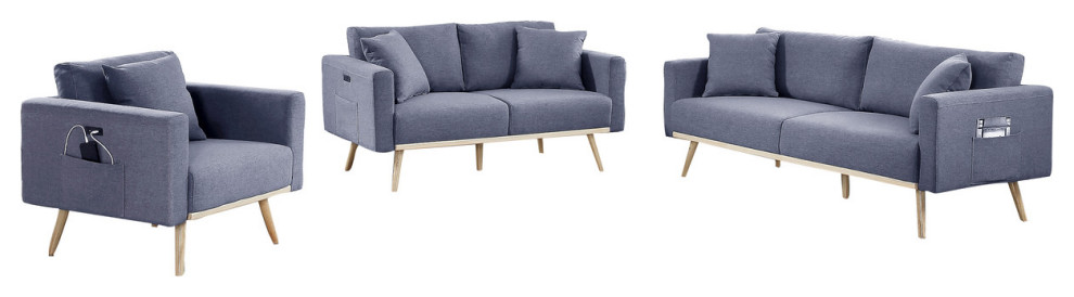 Easton Linen Sofa Loveseat Chair Set With USB Charging Ports   Midcentury   Living Room Furniture Sets   by Lilola Home  Houzz