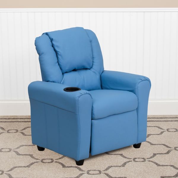 Vana Contemporary Light Blue Vinyl Kids Recliner with Cup Holder and Headrest