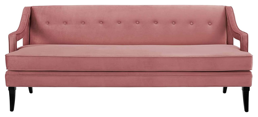 Mid Century Sofa  Dusty Rose Velvet Seat With Button Tufted Back  ampPiping Accent   Transitional   Sofas   by Declusia  Houzz