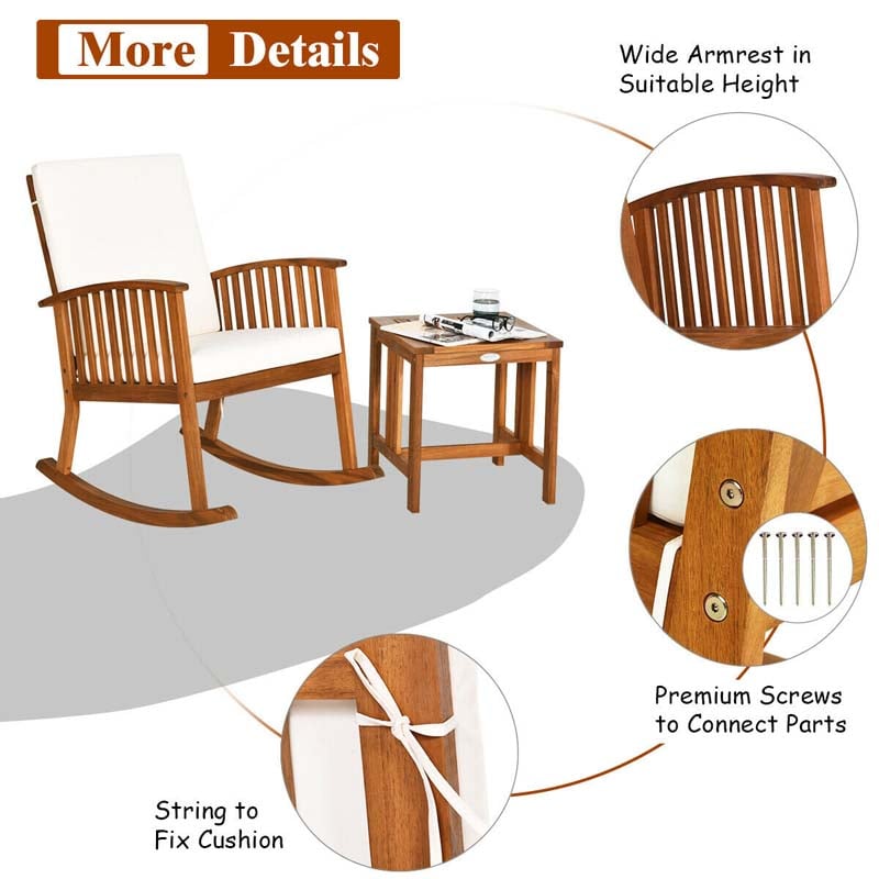 2 Pcs Acacia Wood Patio Rocking Chair Table Set with Thick Cushion, Outdoor Bistro Set Porch Rocker