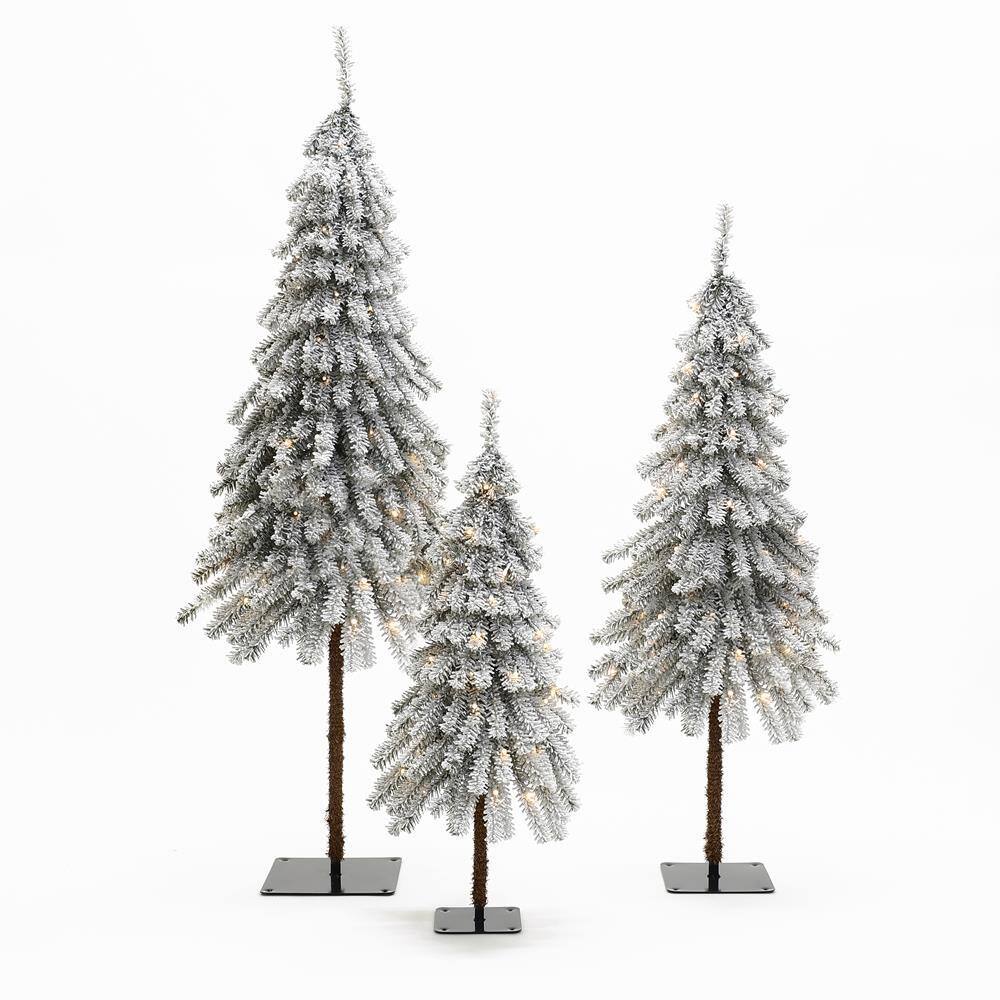 60 in. H 3-Piece Snow-Flocked Sweeping Branches Artificial Christmas Tree Set with Battery Operated Lights