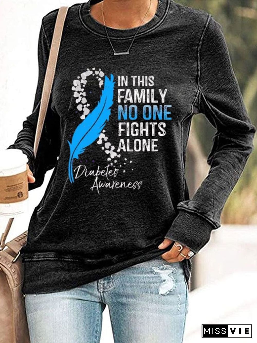 Women's In This Family No One Fights Alone Diabetes Awareness Print Casual Sweatshirt