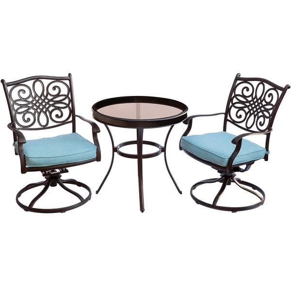 Hanover Traditions 3Piece Swivel Bistro Set in Blue with 30 in. Glasstop Table