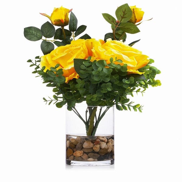 Enova Home 2 Large Artificial Silk Roses Fake Flowers and Mixed Greenery in Clear Glass Vase with River Rock for Home Decoration